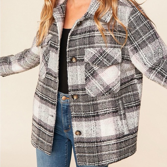 Flannel Plaid Button Down Coat, black/Gray/Blush/White, size small - Picture 3 of 13